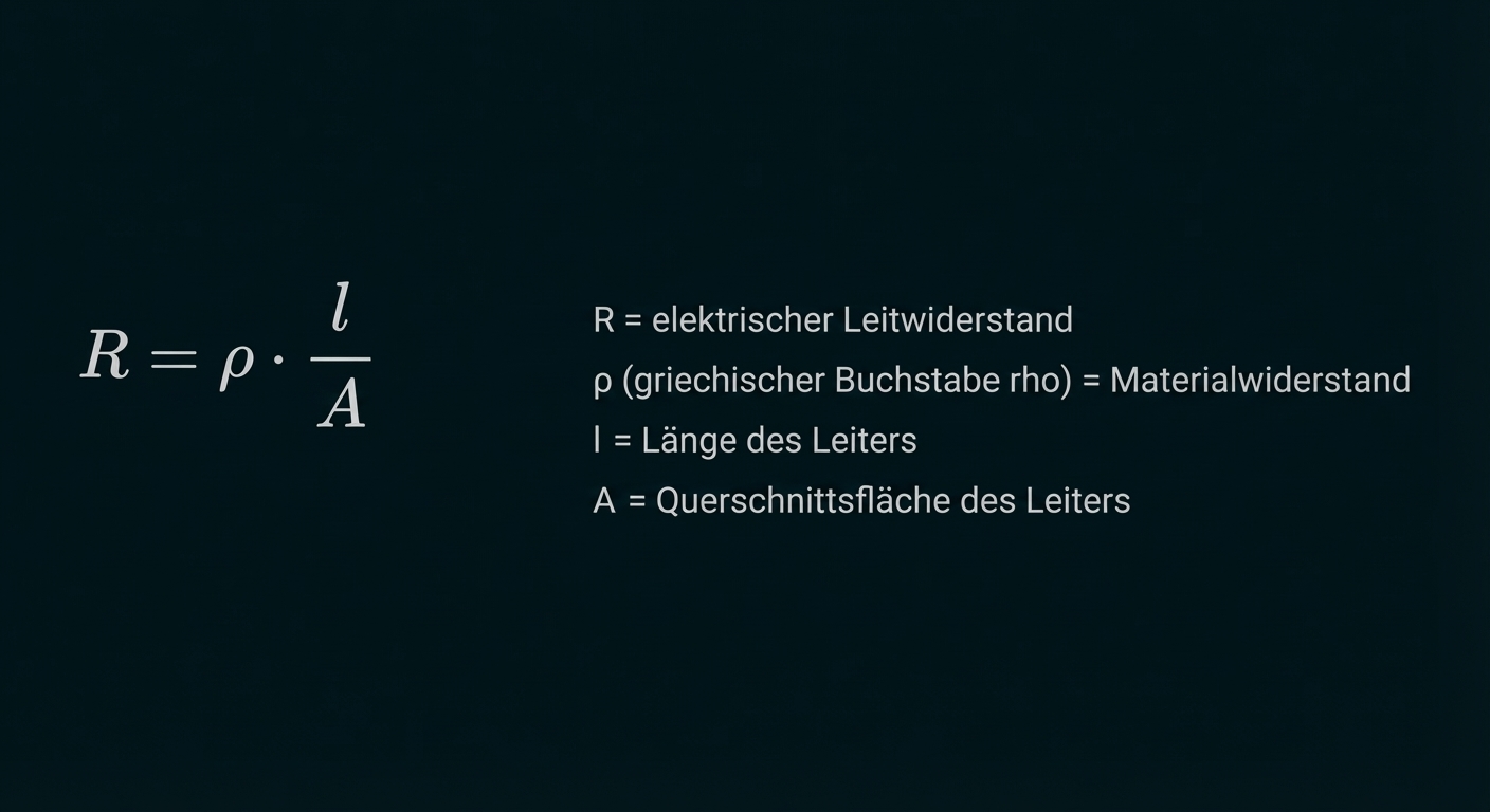 Formel R = ρ·l/A mit kurzer Erklärung der Symbole R, ρ, l und A